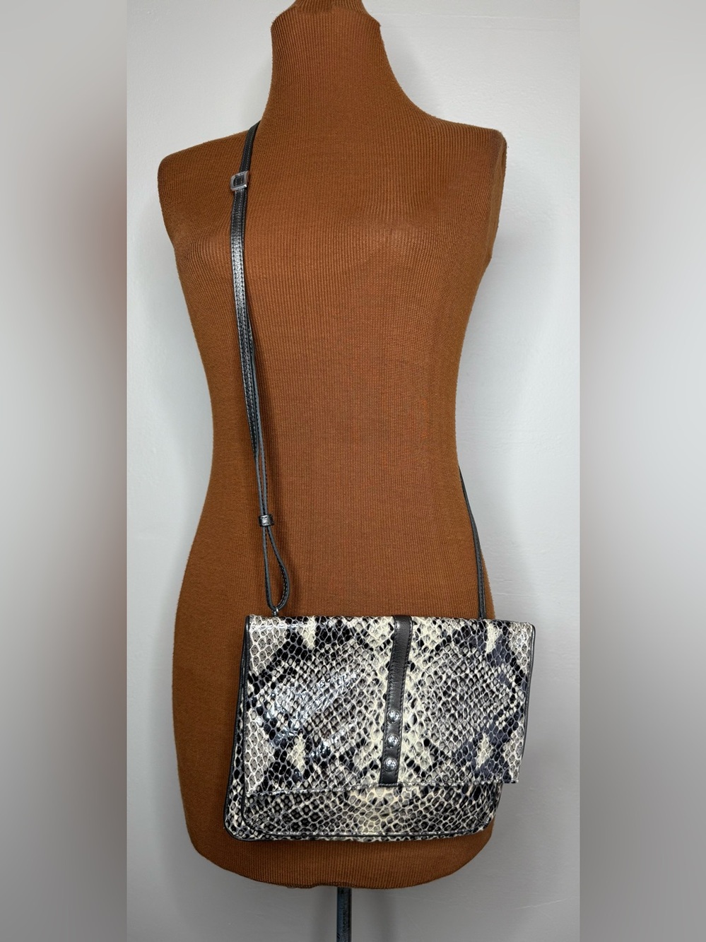 Brighton Nolita Foldover Flap Crossbody Clutch Black Python Print Vintage